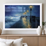 94571-MGV-CV-36X24-Seaside Night Wall Art – Ocean Waves and Street Lamps Canvas Print, Rainy City Pier Oil Painting Poster for Living Room, Bedroom,