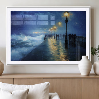 94571-MGV-CV-36X24-Seaside Night Wall Art – Ocean Waves and Street Lamps Canvas Print, Rainy City Pier Oil Painting Poster for Living Room, Bedroom,