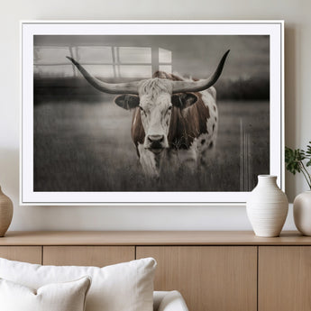 69238-MGV-CV-36X24-Longhorn Bull Wall Art – Rustic Black and White Texas Cattle Canvas Print, Western Farmhouse Animal Photography for Living Room,
