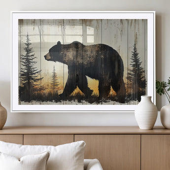 83875-MGC-FP-36x24_White-Sunset Bear Wall Art – Rustic Wildlife Canvas Print with Forest Silhouette, Cabin Lodge Decor for Living Room or Office