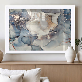 51497-MGV-CV-36X24-Abstract Blue and Gold Wall Art – Modern Fluid Ink Style Canvas Print, Elegant Contemporary Decor for Living Room, Office