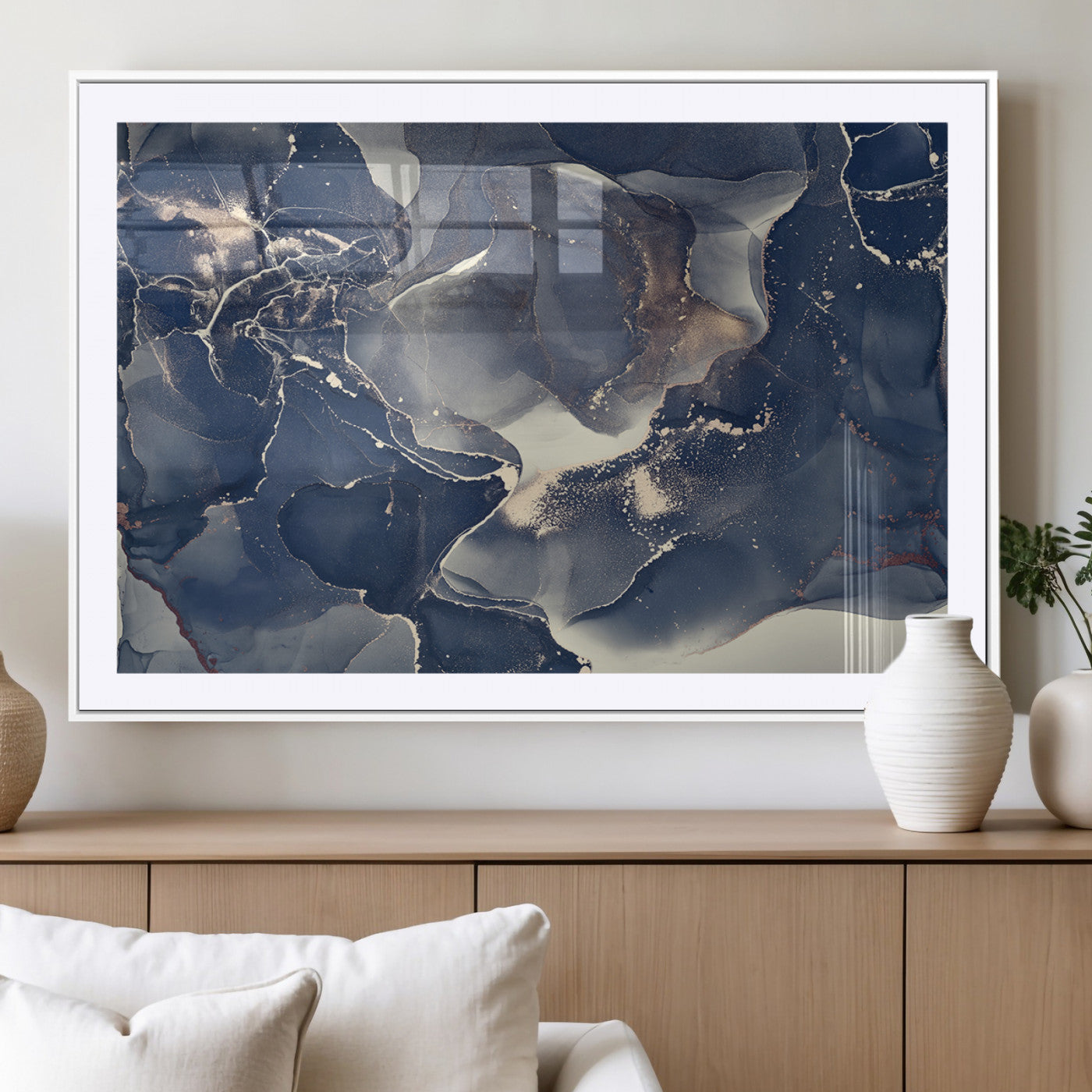 28282-MGV-CV-36X24-Blue Abstract Wall Art – Modern Ink Swirl Canvas Print, Contemporary Navy and Gold Painting for Living Room, Bedroom, Office or