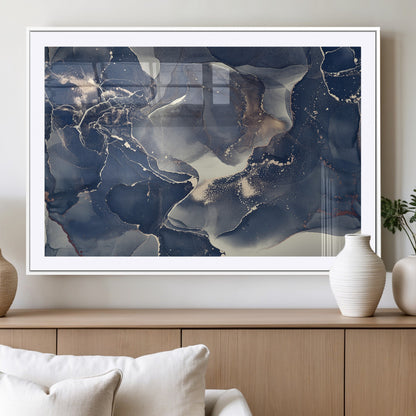 28282-MGV-CV-36X24-Blue Abstract Wall Art – Modern Ink Swirl Canvas Print, Contemporary Navy and Gold Painting for Living Room, Bedroom, Office or