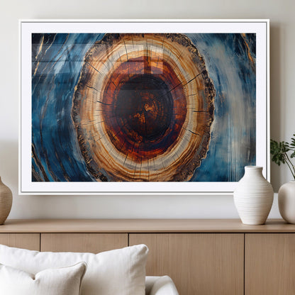 30457-MGC-FP-36x24_White-Tree Ring Wall Art – Abstract Wood Grain Canvas Print with Brown and Blue Swirl, Rustic Nature Inspired Artwork for Living Room,