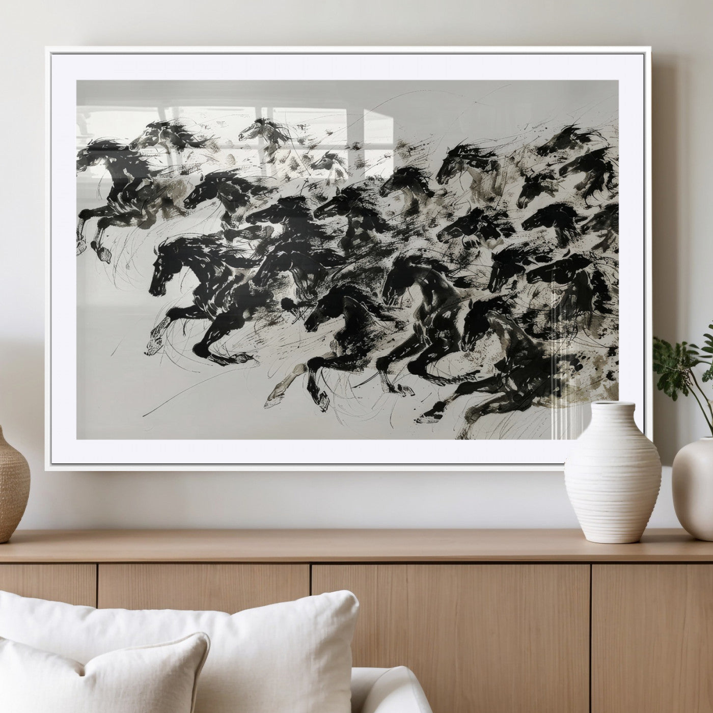 23069-MGV-CV-36X24-Galloping Horses Wall Art – Black Ink Painting on Canvas, Dynamic Equestrian Artwork with Running Stallions, Expressive Modern