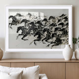 23069-MGV-CV-36X24-Galloping Horses Wall Art – Black Ink Painting on Canvas, Dynamic Equestrian Artwork with Running Stallions, Expressive Modern
