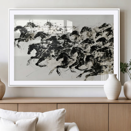 23069-MGV-CV-36X24-Galloping Horses Wall Art – Black Ink Painting on Canvas, Dynamic Equestrian Artwork with Running Stallions, Expressive Modern