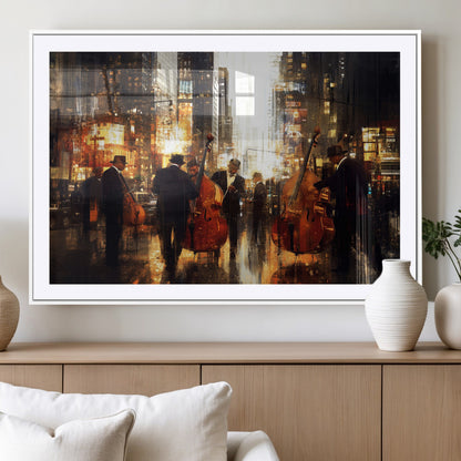 58782-MGC-FP-36x24_White-Jazz Musicians Cityscape Wall Art – Vibrant Urban Night Canvas Print, Elegant Music Themed Decor for Living Room, Office, or Music
