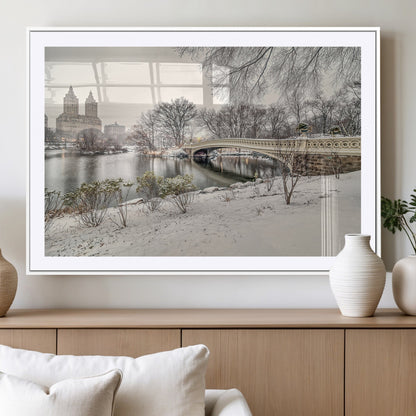60292-MGV-CV-36X24-Central Park Winter Wall Art – Snowy Bow Bridge Canvas Print, Scenic New York City Landscape Photography for Living Room, Bedroom