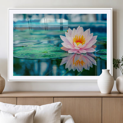 65933-MGV-CV-36X24-Pink Water Lily Wall Art – Lotus Flower Canvas Print with Reflection on Calm Water, Peaceful Botanical Artwork for Living Room,