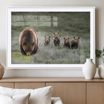 65087B-MGV-CV-36X24-Bear Family Wall Art – Wildlife Canvas Print Featuring Mother Bear with Cubs in Nature, Rustic Animal Artwork for Living Room,