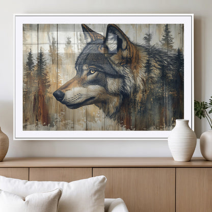 91882-MGV-CV-36X24-Wolf Wall Art – Rustic Canvas Print of Forest Wolf on Wood Background, Wildlife Lodge Artwork for Living Room, Bedroom, Cabin, or
