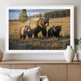 43400-MGV-CV-36X24-Bear Family Wall Art – Wildlife Canvas Print of Mother Bear with Cubs in Sunlit Meadow, Rustic Animal Artwork for Living Room,