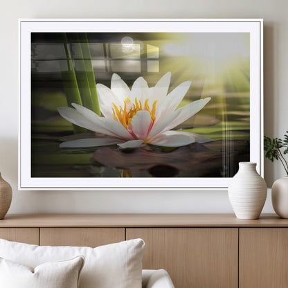 60352-MGV-CV-36X24-White Water Lily Wall Art – Lotus Flower Canvas Print with Sunlight Reflection, Peaceful Botanical Artwork for Living Room,