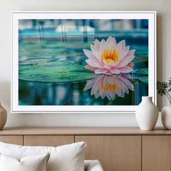 30320-MGV-CV-36X24-Pink Water Lily Wall Art – Lotus Flower Canvas Print with Reflection Water, Peaceful Botanical Artwork for Living Room, Bedroom,