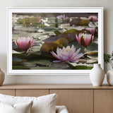 28394-MGV-CV-36X24-Water Lily Pond Wall Art – Pink Lotus Flowers Canvas Print with Green Lily Pads, Peaceful Botanical Artwork for Living Room,