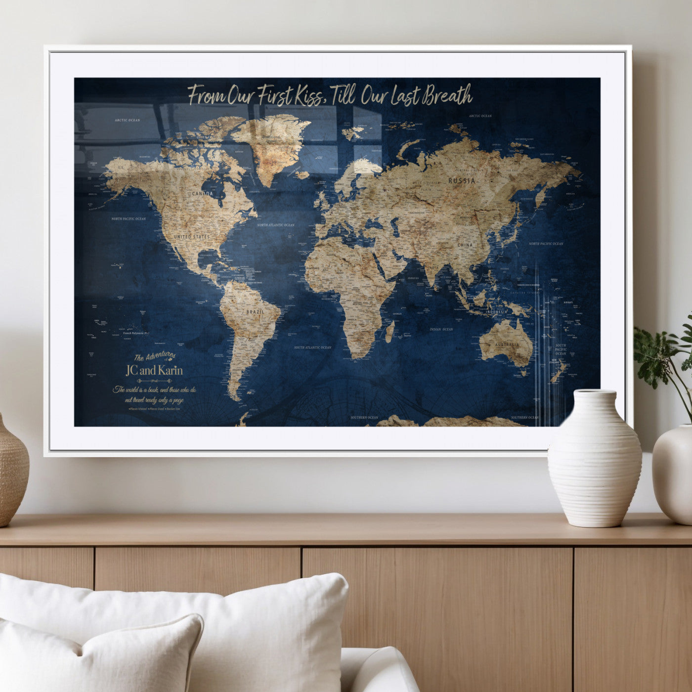 56122A-MGV-CV-36X24-Personalized Push Pin World Map – Custom Framed Travel Tracker Canvas Wall Art for Home, Office