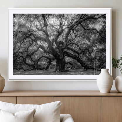 132944706-MGC-FP-36x24_White-Ancient Tree Wall Art – Black and White Photography Canvas Print Featuring Majestic Twisting Branches, Rustic Nature Artwork for