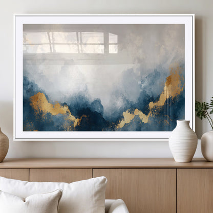 14578-MGV-CV-36X24-Abstract Wall Art – Modern Canvas Print Featuring Blue and White Clouds with Golden Accents, Contemporary Elegant Artwork for