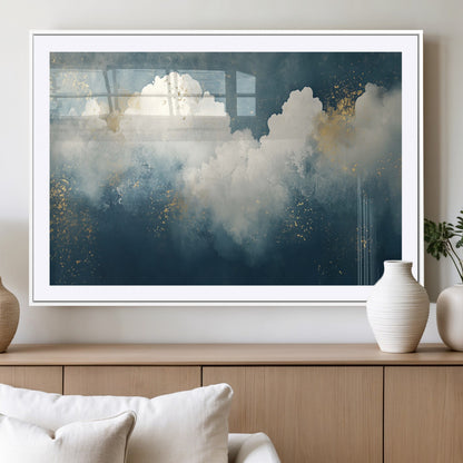75131-MGV-CV-36X24-Abstract Cloud Wall Art – Modern Canvas Print Featuring Blue and White Clouds with Golden Accents, Contemporary Artwork for Living