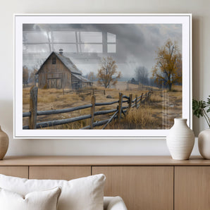 Farm1-MGV-CV-36X24-Rustic Barn Wall Art – Country Farmhouse Landscape Canvas Print, Autumn Fields Artwork with Wooden Fence, Vintage Rural Decor for