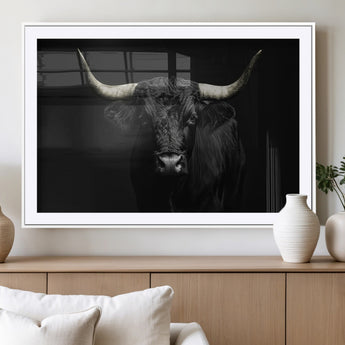 97914921-MGV-CV-36X24-Black Bull Wall Art Canvas Print, Framed Longhorn Bull Art Picture Print, Western Bull Perfect Monochrome Western Decor Artwork