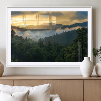 68082278-MGC-FP-36x24_White-Mountain Sunrise Wall Art Canvas Print, Framed Pine Forest Art Picture Print, Misty Mountains Perfect Earthy Woodland Decor