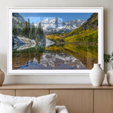 87724099-MGC-FP-36x24_White-Maroon Bells Wall Art Canvas Print, Framed Snowy Mountains Art Picture Print, Pine Forest Perfect Vibrant Alpine Decor Artwork