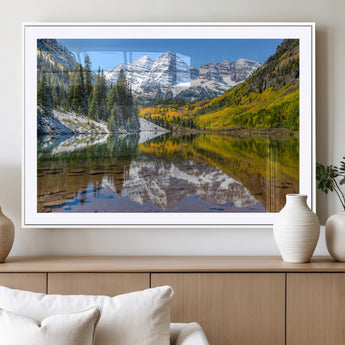 87724099-MGC-FP-36x24_White-Maroon Bells Wall Art Canvas Print, Framed Snowy Mountains Art Picture Print, Pine Forest Perfect Vibrant Alpine Decor Artwork
