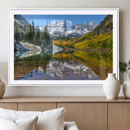 87724099-MGC-FP-36x24_White-Maroon Bells Wall Art Canvas Print, Framed Snowy Mountains Art Picture Print, Pine Forest Perfect Vibrant Alpine Decor Artwork