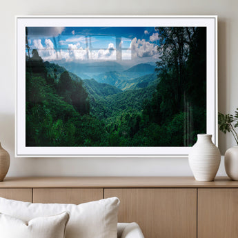74439378-MGC-FP-36x24_White-Tropical Jungle Wall Art Canvas Print, Framed Lush Valley Art Picture Print, Forest Mountains Perfect Tropical Wilderness Decor