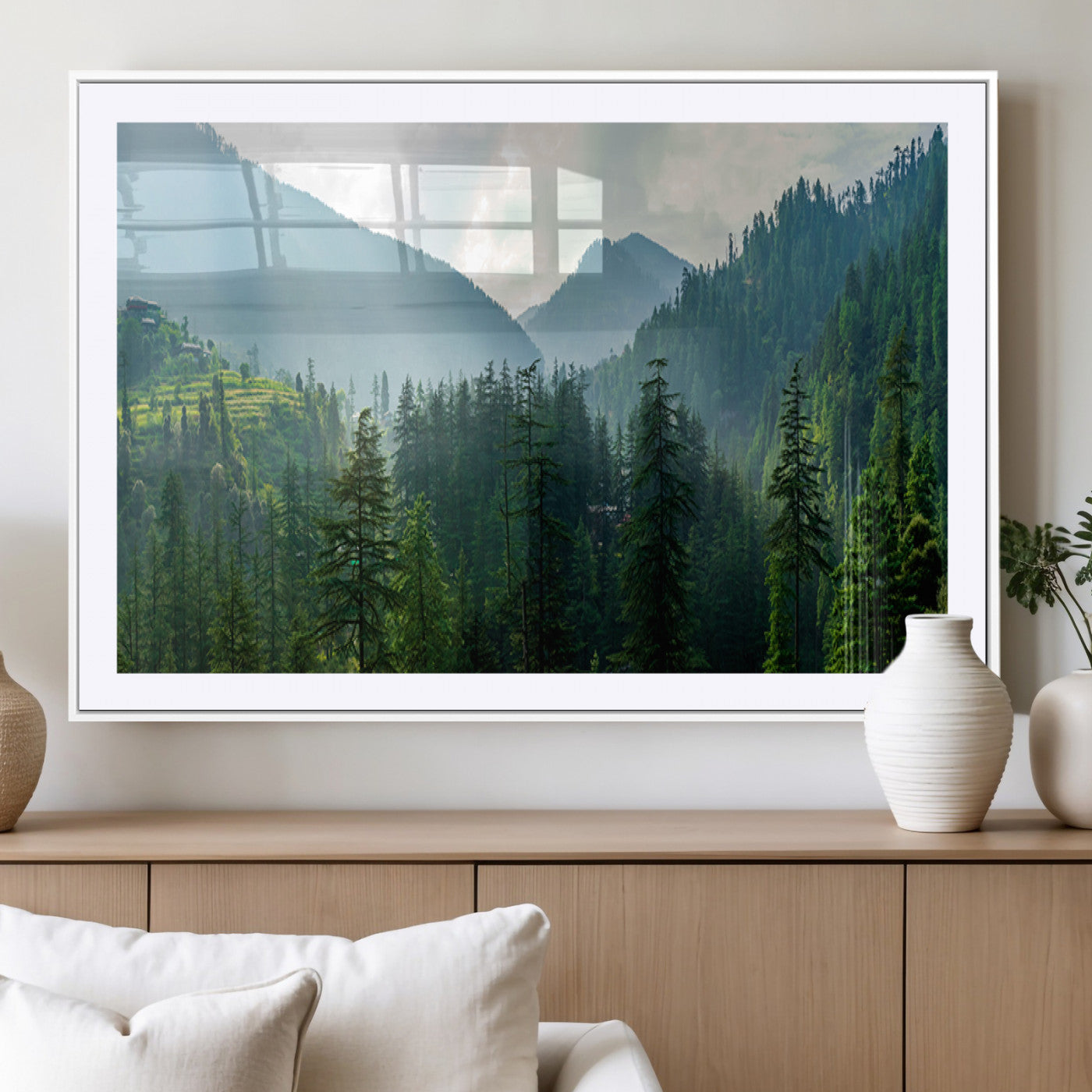 83417191-MGC-FP-36x24_White-Misty Mountain Forest Wall Art – Pine Tree Landscape Canvas Print, Nature Photography Panorama, Tranquil Green Forest Décor for