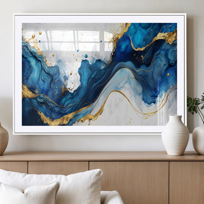 33506371-MGV-CV-36X24-Blue Marble Wall Art Canvas Print, Framed Gold Splash Art Picture Print, Abstract Wave Perfect Modern Luxe Decor Artwork