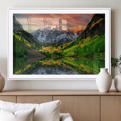 59533484-MGC-FP-36x24_White-Maroon Bells Autumn Wall Art – Panoramic Mountain Landscape Canvas Print, Sunset Reflection Nature Artwork for Living Room, Office