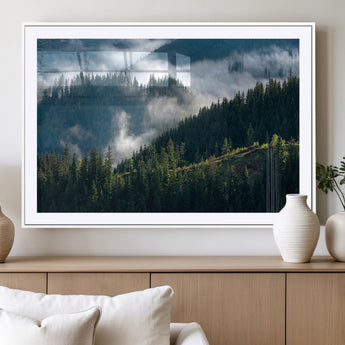 84598503-MGC-FP-36x24_White-Misty Forest Wall Art Canvas Print, Framed Pine Hills Art Picture Print, Moody Hills Perfect Moody Woodland Decor Artwork