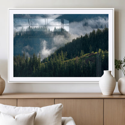 84598503-MGC-FP-36x24_White-Misty Forest Wall Art Canvas Print, Framed Pine Hills Art Picture Print, Moody Hills Perfect Moody Woodland Decor Artwork
