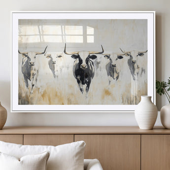 40397799-MGC-FP-36x24_White-Texas Longhorn Wall Art Canvas Print, Framed Rustic Herd Art Picture Print, Western Bull Perfect Neutral Western Decor Artwork