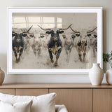 61538944-MGC-FP-36x24_White-Texas Longhorn Wall Art Canvas Print, Framed Cattles Walking Art Picture Print, Black White Bulls Perfect Rustic Western Decor