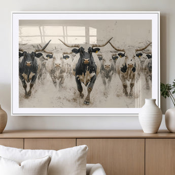 61538944-MGC-FP-36x24_White-Texas Longhorn Wall Art Canvas Print, Framed Cattles Walking Art Picture Print, Black White Bulls Perfect Rustic Western Decor