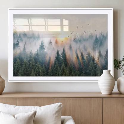 92718976-MGC-FP-36x24_White-Misty Forest Wall Art Canvas Print, Framed Sunrise Pines Art Picture Print, Foggy Woodland Perfect Moody Woodland Decor Artwork