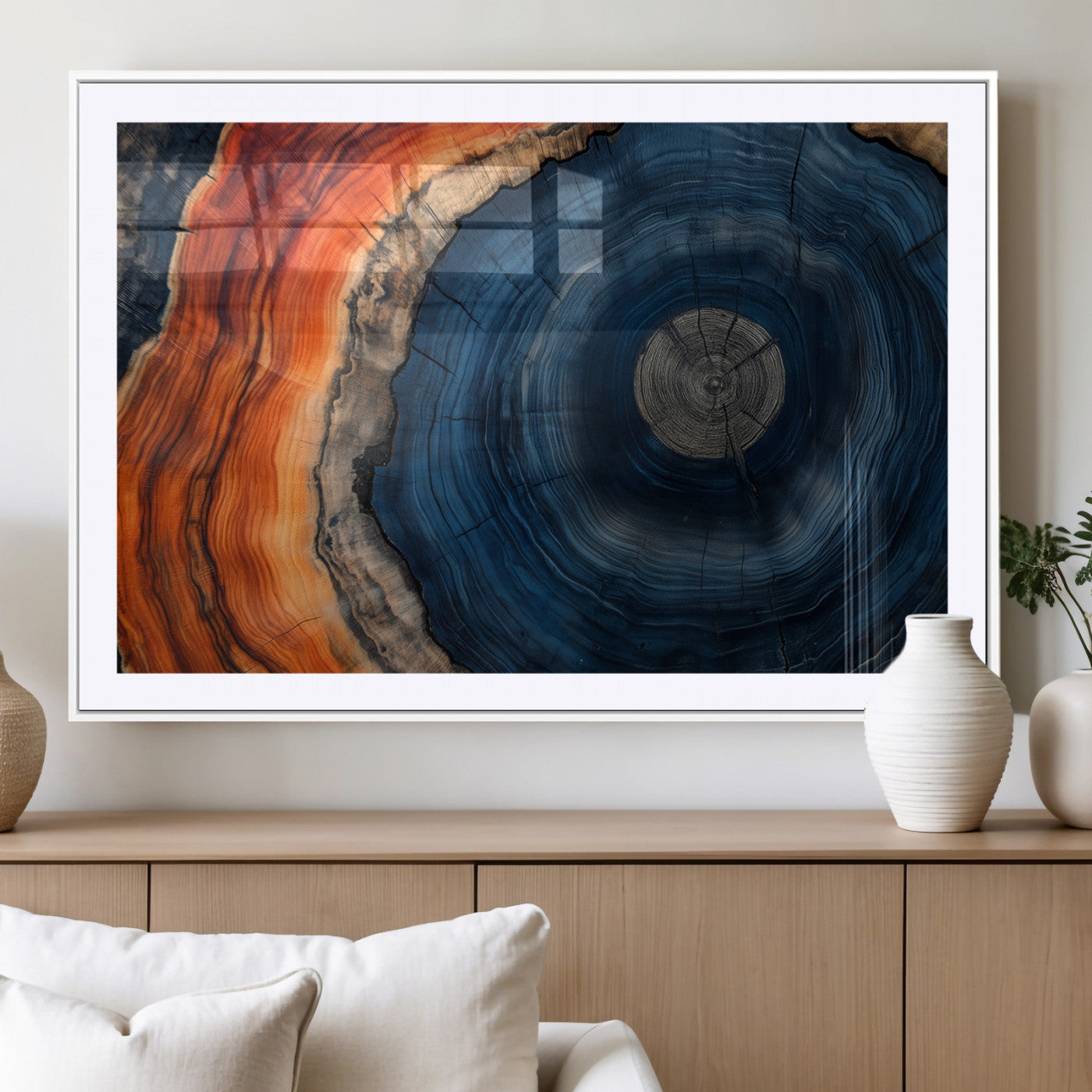 99491700-MGV-CV-36X24-Tree Ring Canvas Wall Art – Blue Orange Abstract Wood Grain Print, Rustic Modern Nature Artwork for Living Room, Office, Bedroom