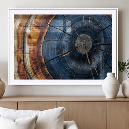 45268471-MGV-CV-36X24-Blue Tree Ring Wall Art – Rustic Wood Cross Section Canvas Print, Modern Abstract Nature Decor for Living Room, Office, or Cabin