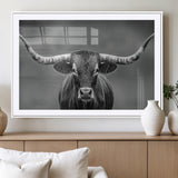 81228550-MGV-CV-36X24-Framed Texas Longhorn Bull Art Canvas Print, Western Bull Wall Art Print, Long Horn Bull Photo Print for Log Cabin, Large Bull