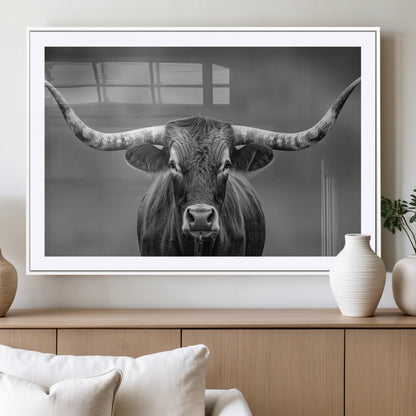 81228550-MGV-CV-36X24-Framed Texas Longhorn Bull Art Canvas Print, Western Bull Wall Art Print, Long Horn Bull Photo Print for Log Cabin, Large Bull