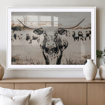 27497342-MGV-CV-36X24-Texas Longhorn Wall Art Canvas Print, Framed Speckled Cow Art Picture Print, Horned Cattle Perfect Rustic Western Decor Artwork