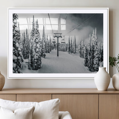 31156828-MGV-CV-36X24-Snowy Pines Wall Art Canvas Print, Framed Ski Lift Art Picture Print, Winter Forest Perfect Moody Lodge Decor Artwork