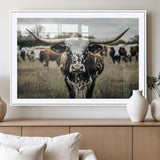 79025945-MGV-CV-36X24-Texas Longhorn Wall Art Canvas Print, Framed Speckled Cow Art Picture Print, Horned Cattle Perfect Rustic Western Decor Artwork