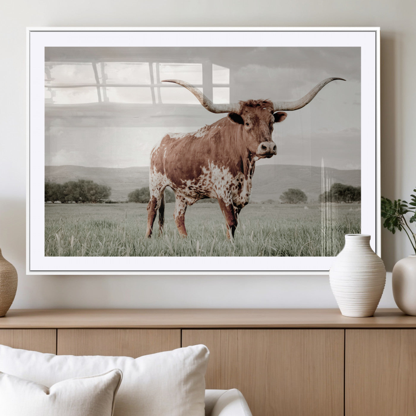 28309012-MGV-CV-36X24-Texas Longhorn Wall Art Canvas Print, Framed Spotted Cattle Art Picture Print, Horned Bull Perfect Rustic Western Decor Artwork