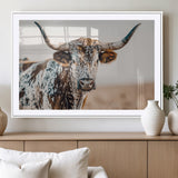 70414966-MGC-FP-36x24_White-Texas Longhorn Wall Art Canvas Print, Framed Speckled Cow Art Picture Print, Horned Bull Perfect Rustic Western Decor Artwork
