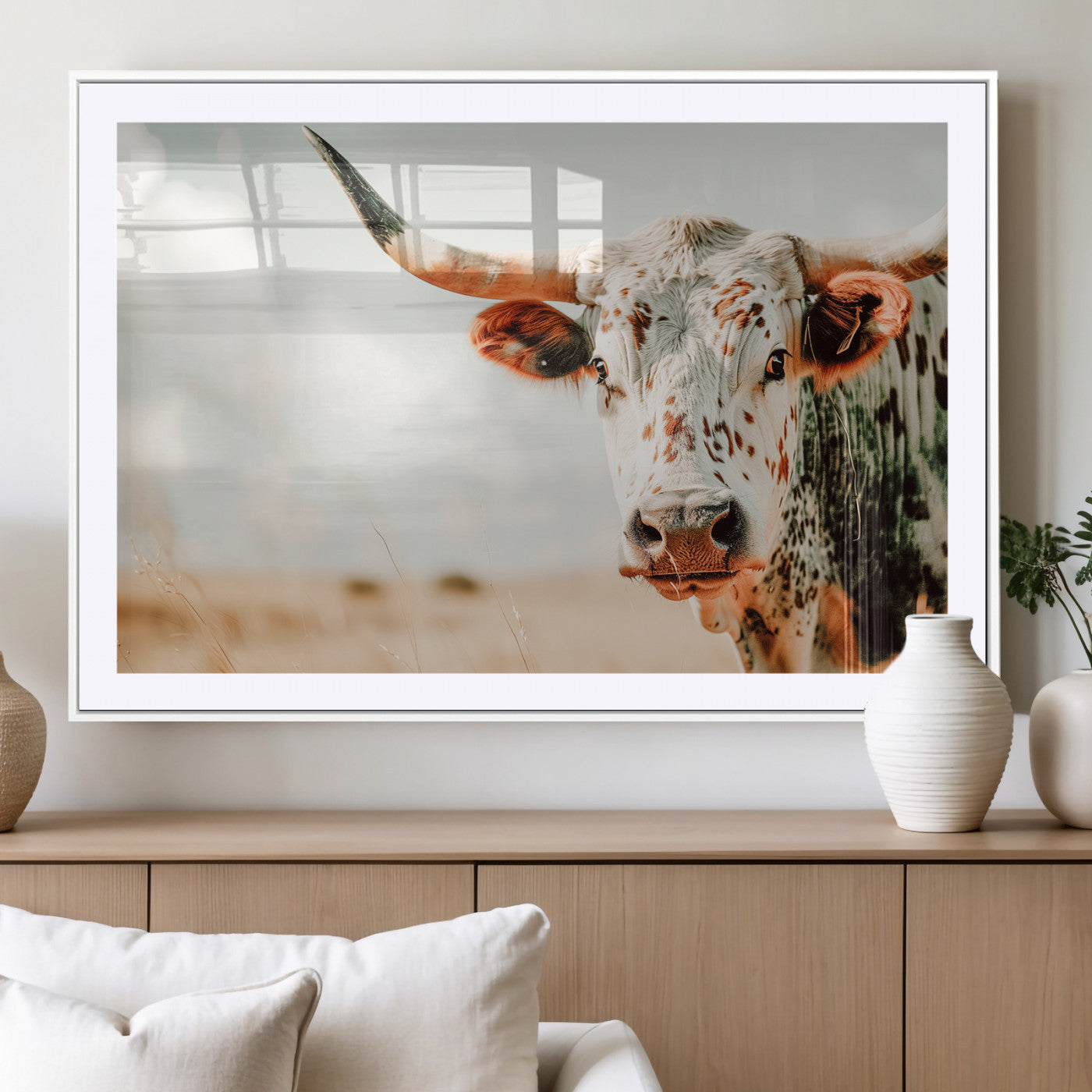 72766375-MGC-FP-36x24_White-Texas Longhorn Wall Art Canvas Print, Framed Spotted Cow Art Picture Print, Horned Cattle Perfect Rustic Western Decor Artwork